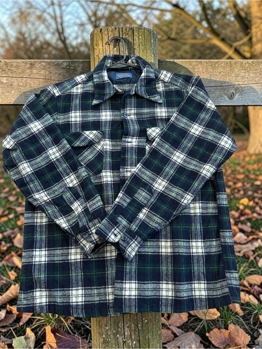 Vintage 60s 70s Pendleton Board Shirt Mens L Blue Green Plaid 100% Virgin Wool